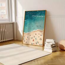 1pc Minimalist Beach Scene Wall Art - Summer Ocean Poster With Colorful Tiny People Swimming, Aerial Beach View Print On Canvas, Frameless Coastal Decor For Living Room, Bedroom, Or Bathroom, Indoor Decoration, Beach Theme Decor