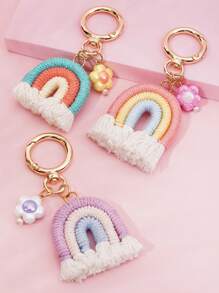 1pc Woven Rainbow Flower Pendant Keychain, Decoration For Girls Backpack & Handbag