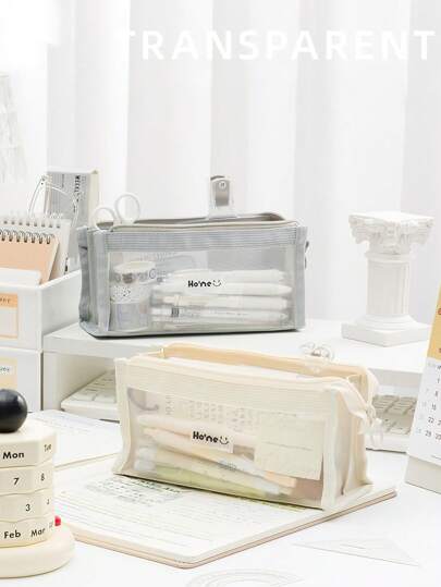 Transparent 3 Layer Mesh Pencil Bag Pen Case Triangle Shape Gauze Storage Pouch For Stationery Office School Back To School,Back To School,School Supplies,Pencil Case,Pencil Pouch,School Bag