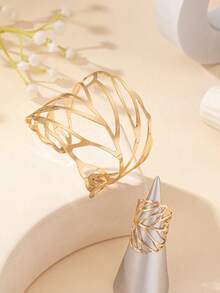 2pcs/Set Metallic Geometric Leaf Bangle And Ring Set, Suitable For Women's Daily Wear - Yellow Gold - View 2