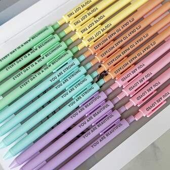 Set de 24 bolígrafos retráctiles de colores pastel con mensajes motivacionales, inspiradores y alentadores - Bolígrafos con tinta negra, clip fácil y terminación de goma - Bolígrafos coloridos y lindos para diarios, material de escritura y regreso a clases