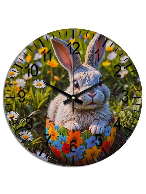 1pc Rabbit Pattern Dial Wooden Frame Silent Wall Clock