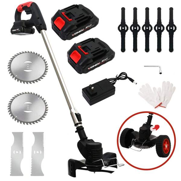 Cordless Weeds Eater Electric Brush Cutter Lawn Edger Grass String Trimmer 21V 650W Cordless Weedwacker Lawn Grass Edger Adjustable Handle String Trimmerw/Wheels + 2 * 1300mAh Battery,Garden Tools
