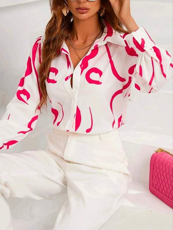 Camisa casual de manga larga con botones y estampado total, para mujeres en primavera/otoño