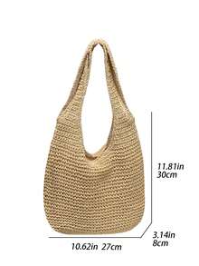 Handmade Straw Knitted Tote Bags For Women Spacious Shoulder Bag Fashion Bohemian Handbag For Beach Vacation - 杏色 - 查看 8