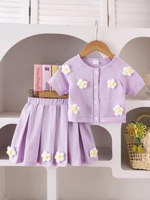 2pcs Baby Girl Cute Floral Topswith Pleated Skirt Set, Summer - Purple - View 2