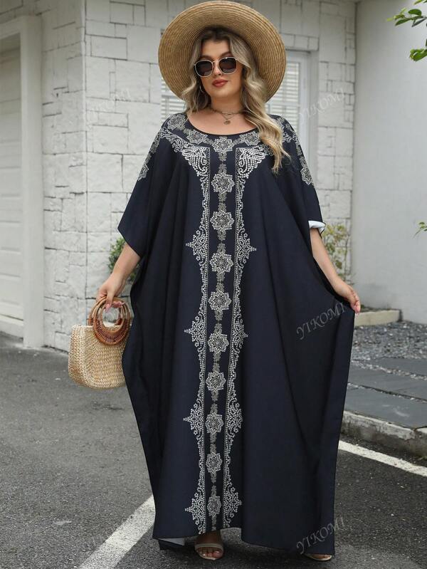 1 pièce Robe bouffante ample à encolure ronde imprimée, style moyen-oriental, pour femmes grande taille, avec fente latérale, idéale pour la plage et les vacances, style modeste