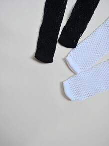 2 Pairs Girls' Rib Knit Bow & Hollow Out Fishnet Socks, Suitable For Daily Wear In Summer