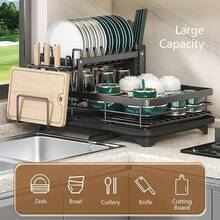 Double-Layer Dish Drying Rack - 1pc Kitchen Sink Dish Drainer With Detachable Bowl Rack, Multifunctional Storage And Drainage, Sink Countertop Cup Holder (Black) - Black - View 6