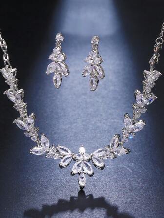 2 件套奢华镀银锆石项链和耳环首饰套装，适合派对、婚礼和礼物