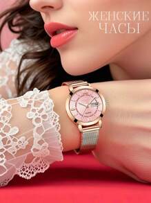 BIDEN BIDEN Fashionable Women's Quartz Watch, Waterproof Calendar Stainless Steel Mesh Strap, Elegant Women's Watch, Rose Gold Women's Clock