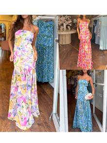 Women Floral Strapless Dress Sexy Backless Bodycon Maxi Long Dress Y2K Sleeveless Off Shoulder Tube Dress Summer Bobo Beachwear - Màu tím - Xem 6