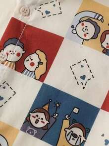 Cartoon & Plaid Splice Fashion, Half Minimalist Half Adorable, Kids Cartoon Character & Plaid Pattern Shirt, Creative Contrasting Color Eye-Catching