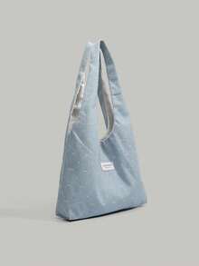 韩版蝴蝶结刺绣帆布手提包2025新款学生早教通勤托特包单肩包大号 - 藍色 - 查看 2