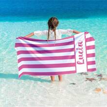 Warner Bros 1pc Custom Name Beach Towel, Stripe Pattern Beach Blanket, Super Absorbent Quick Drying Swimming Towel, Perfect For Beach Swimming Outdoor Camping Trips, Ideal Beach Essentials, Multi-Functional, Ornamental, Letter, Stylish, Modern, Colorful, Cute, Adorable, Casual, Custom, Personalised, Unique, Customized, Ideal Gifts For Him, Ideal Gifts For Her