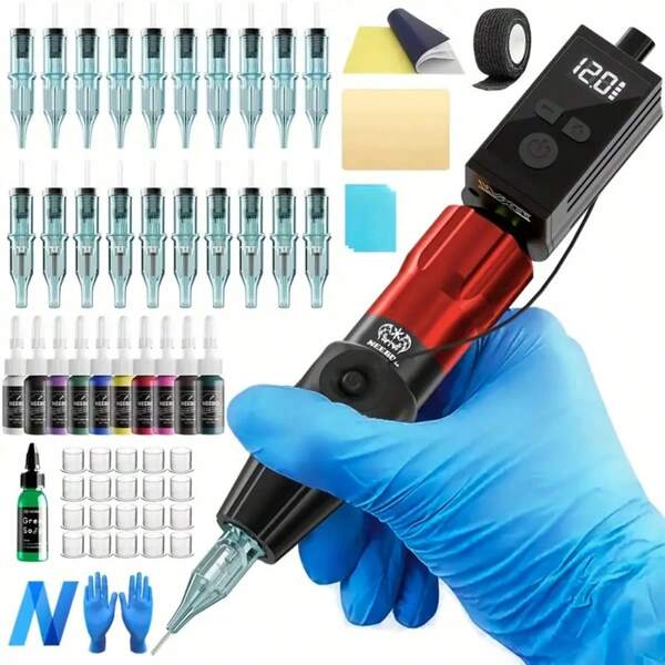 Neebol Neebol Wireless Tattoo Gun Kit, Rotary Tattoo Pen Kit, Rechargeable Tattoo Power Supply With 1450mAh Battery , Digital Screen Display, 20 Cartridge Needles, 10 Inks, Complete Tattoo Gun Kit For Beginners And Tattoo Artists, Holiday Festival  Gifts For Boyfriend And Girlfriend