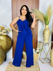 Palazzo o Jumpsuit /mono de tirantes asimétricos con escarolas  Liso  Elegante  Casual  Tela  Cinturón    Unitalla y curvy  Diario