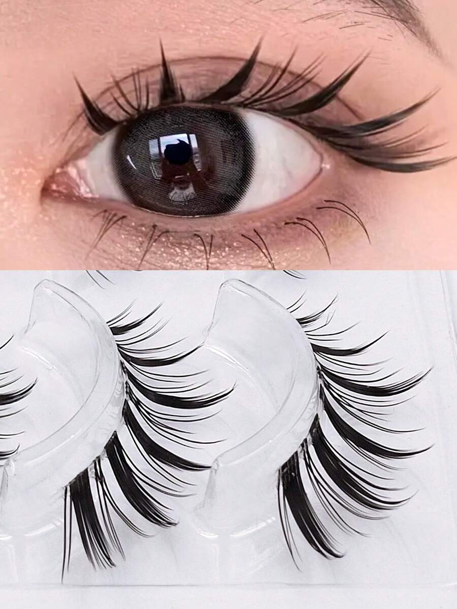 Asiteo 5 Pairs Cartoon Style False Eyelashes, Transparent Eyelash Stem, Oblique Bangs, Natural Curly, Suitable For Anime Characters, Create Fox Eye Makeup - Hitam - View 1