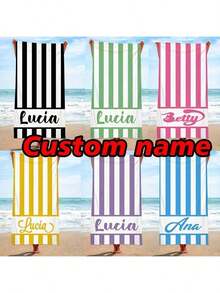 Warner Bros 1pc Custom Name Beach Towel, Stripe Pattern Beach Blanket, Super Absorbent Quick Drying Swimming Towel, Perfect For Beach Swimming Outdoor Camping Trips, Ideal Beach Essentials, Multi-Functional, Ornamental, Letter, Stylish, Modern, Colorful, Cute, Adorable, Casual, Custom, Personalised, Unique, Customized, Ideal Gifts For Him, Ideal Gifts For Her