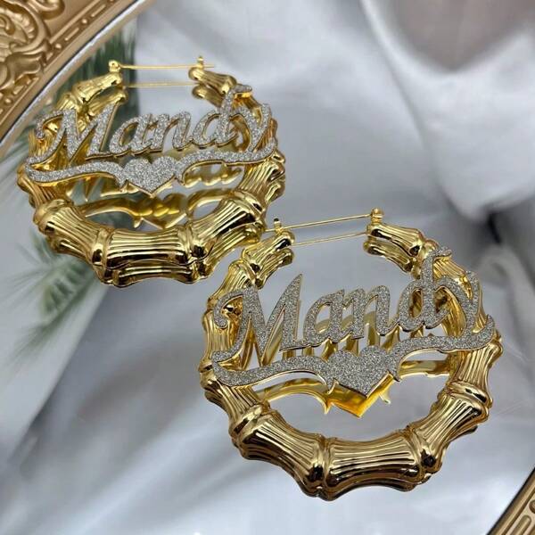 Custom Bling Name Bamboo Earrings Colorful Bamboo Hoop Earrings Big Hoops Personalized Bling Bling Earrings For Women Gifts
