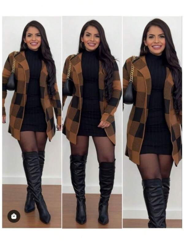 CASACO CARDIGAM XADREZ FEMININO FRIO MODA INVENO
