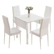 Dining Table And Set Of 4 Chairs, White Drop Leaf Kitchen Table With White PU Leather High Back Chair - White Table & 4 White Chairs - View 12