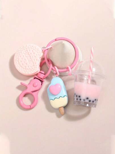 Cute Keychain Ice Cream Bubble Tea Biscuit Pink Keychain, Summer Travel Bag Accessories, Back To School Gifts, Back To School Travel Supplies