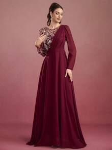 女士圆领纯色亮片刺绣荷叶边优雅长裙 - 酒紅色 - 查看 4