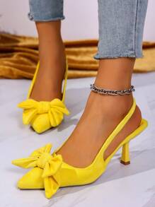 High Heels Yellow Pointed Toe Bowknot Plain Color Ankle Strap Thin Heel Pumps For Outdoor Party