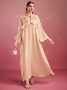 Women's Solid Color Flounce Collar, Handmade 3D Floral Decor, Long Sleeve Maxi Elegant Arabian Dress