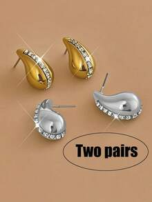 2-4pcs Fashionable Rhinestone Inlaid Water Drop Shape Hoop Earrings, Suitable For Women's Casual Daily Wear - Multicolor - View 1