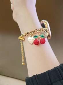 1 件兼容 表带 AppleWatch 表带女款 Love Cherry 吊坠金手链，兼容 38/40/41/42/44/45/46/49 毫米，适用于 Ultra3/2/1/Se/10/9/8/7/6/5/4/3/2/1，可调节伸缩拉丝设计金属表带，苹果手表配件，女士配饰，适合夏季女性