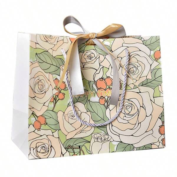 Bolsas de regalo de papel con dibujo de rosas en color champán, cinta y asa, set de 4 o 10 piezas, para detalles de bodas, cumpleaños, regalos del Día de la Madre, verano, vuelta al cole, decoración, etc.