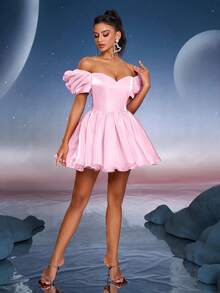 Vestido de fiesta con mangas abullonadas, adecuado para festivales de música, graduaciones, homecomings, fiestas y eventos de cóctel - Rosa - Ver 8