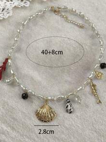 1pc Bohemian Summer Beach Metal Shell, Sea Conch & Faux Pearl Pendant Necklace, Baroque Simple Geometric Style, All-Season Accessory For Women - Multicolor Ocean Necklace - View 3