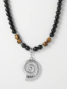 1pc 6mm Natural Malachite Bead Titanium Steel Ocean Themed Pendant Necklace For Men, Summer Style - Black - View 13