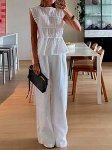 Women's Elegant Pleated Top And Pants Set, Round Neck Solid Color Wide Leg Pants Suit