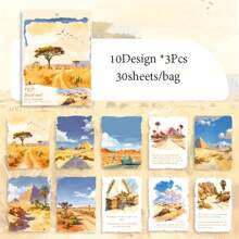 30 Sheets/Pack Self-Adhesive White Matte Finish Rectangular Disposable Office And Study Supplies, Travel Theme Paper