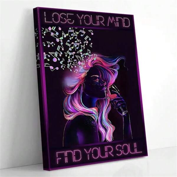 1 pieza Arte en lienzo de niña hippie vibrante con el mensaje "Pierde tu mente, encuentra tu alma" Póster con tema neón con micrófono, notas musicales, perfecto para decoración de oficina, dormitorio o sala de estar, arte de pared de dormitorio | Arte neón | Diseño de cabello detallado, decoración de habitación hippie sin marco
