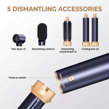 UKLISS Escova para Modelagem de Calor Multifuncional 5 em 1 e Ferro de Cachos | 3 Ajustes de Temperatura e 5 Cabeças Intercambiáveis para Cachos, Ondas, Alisamento | Essenciais de Volta às Aulas, Prime Day & Presente de Viagem de Verão (Design Azul Elegante Dourado/Dourado Branco/Dourado Preto)
