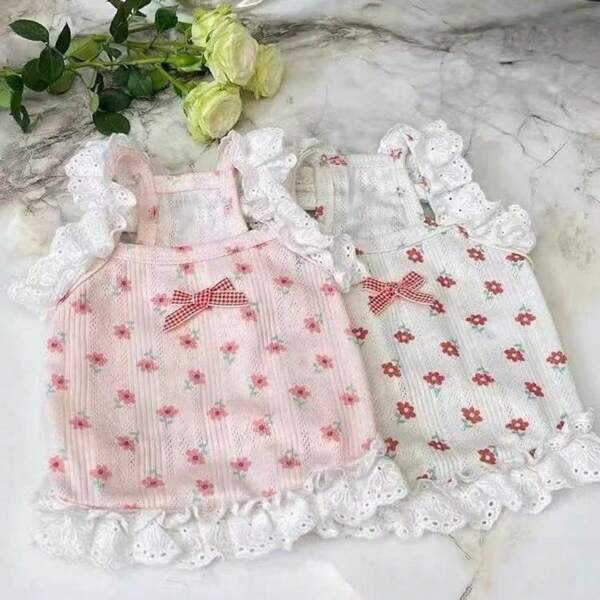 Nuevo vestido corto de princesa con tirantes de encaje floral para primavera, verano y otoño, ropa para mascotas como perros Pomerania, osos y gatos