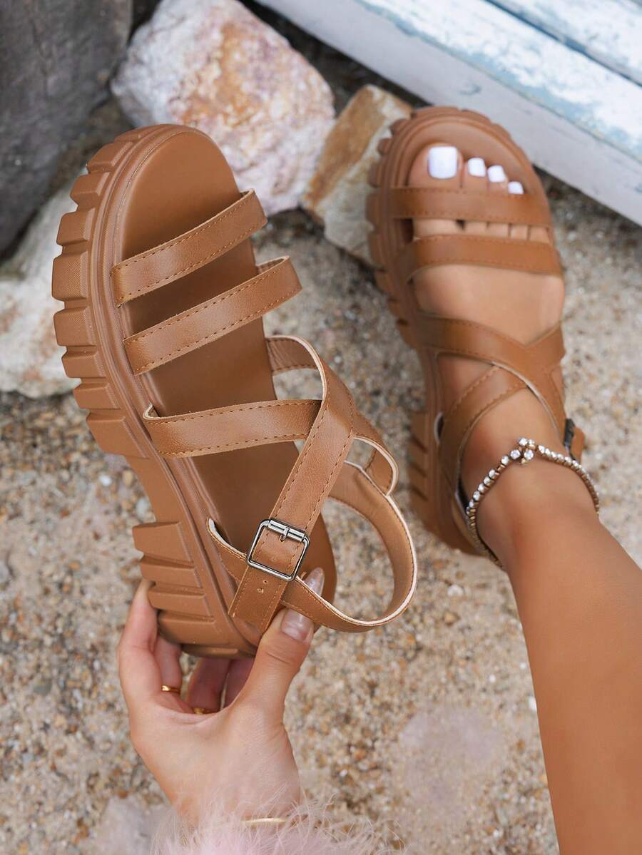 Sandalias de mujer con tiras tejidas de estilo minimalista y vacacional, sandalias con cuña tipo hada y suela gruesa, adecuadas para caminar al aire libre, la playa, tallas grandes, para looks de primavera y verano