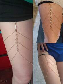 1pc Multi-Layer Tassel Pendant Thigh Chain With Elastic Black Rope, Inlaid With Sparkling Cubic Zirconia, Jewelry Body Chain Suitable For All Leg Types