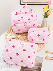 1 Piece Pink And White Color Matching Cosmetic Bag With Strawberry Pattern, Multifunctional Cosmetic Storage Bag Portable Cosmetic Brush Clutch With Zipper Closure, Ready For Lipstick, Brush, Skincare, Storage Box, Jewelry Storage Box, Lip Gloss Storage Box, Nail Polish Storage Box Cosmetic Bag, Holiday Essential Cosmetic Bag