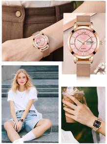 BIDEN BIDEN Fashionable Women's Quartz Watch, Waterproof Calendar Stainless Steel Mesh Strap, Elegant Women's Watch, Rose Gold Women's Clock