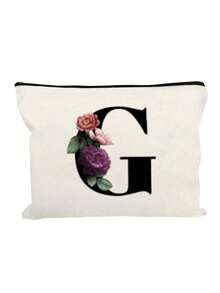 1个首字母印花字体女士化妆包，白色小包，字母A-Z，化妆包，便携式盥洗包，可重复使用化妆包，女士简约大容量旅行化妆包 - 白色 - 查看 33