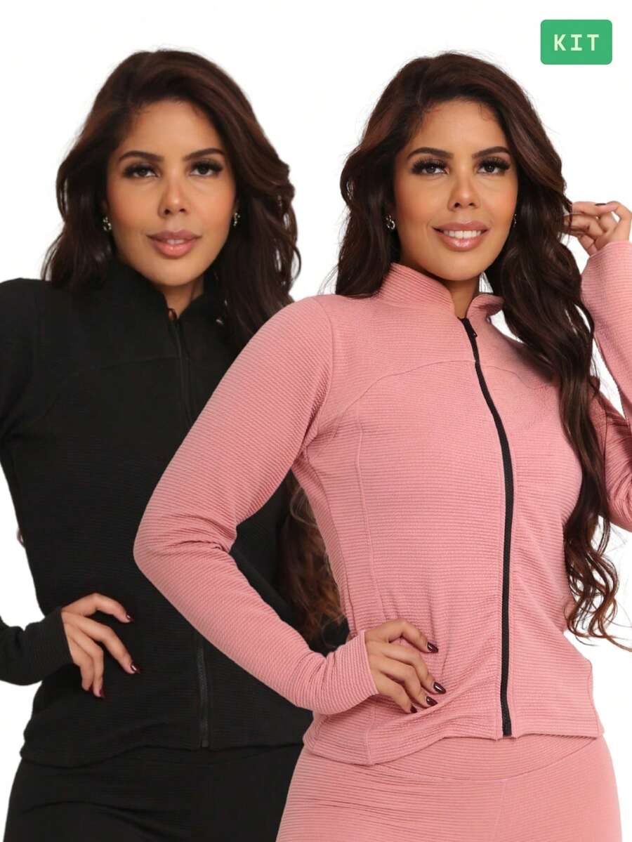 Kit 2 Women's Ribbed Gym Sports Jacket For Training And Running Fitness - Màu hồng gỉ - Xem 1