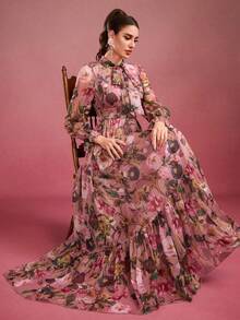 Women's Tie Neck, Cinched Waist, Random Flower Printed, Frill Trim Elegant Long Dress Spring Vacation - Dusty Pink - View 5