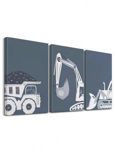 Juego de 3 pósteres de construcción, arte de pared de vehículos, decoración de pared de excavadora, pósteres industriales, arte en lienzo de maquinaria pesada, impresiones artísticas de volquete, decoración del hogar, pinturas decorativas, estética de la habitación, impresión de decoración de pared, regalo, con marco