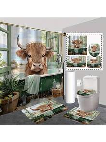 1/4 Pcs Cute Highland Cow Bathroom Set - Christmas Red Hat Shower Curtain, Bath Mat And Toilet Seat Cover - Adorable Farm Animal Design Bathroom Decor - Multicolor - View 8